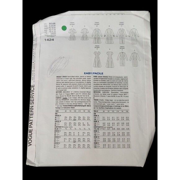 Vtg Vogue Basic Design 1424 Easy Dress in 5 Styles Misses 8-10-12 Pattern cut - Picture 4 of 6